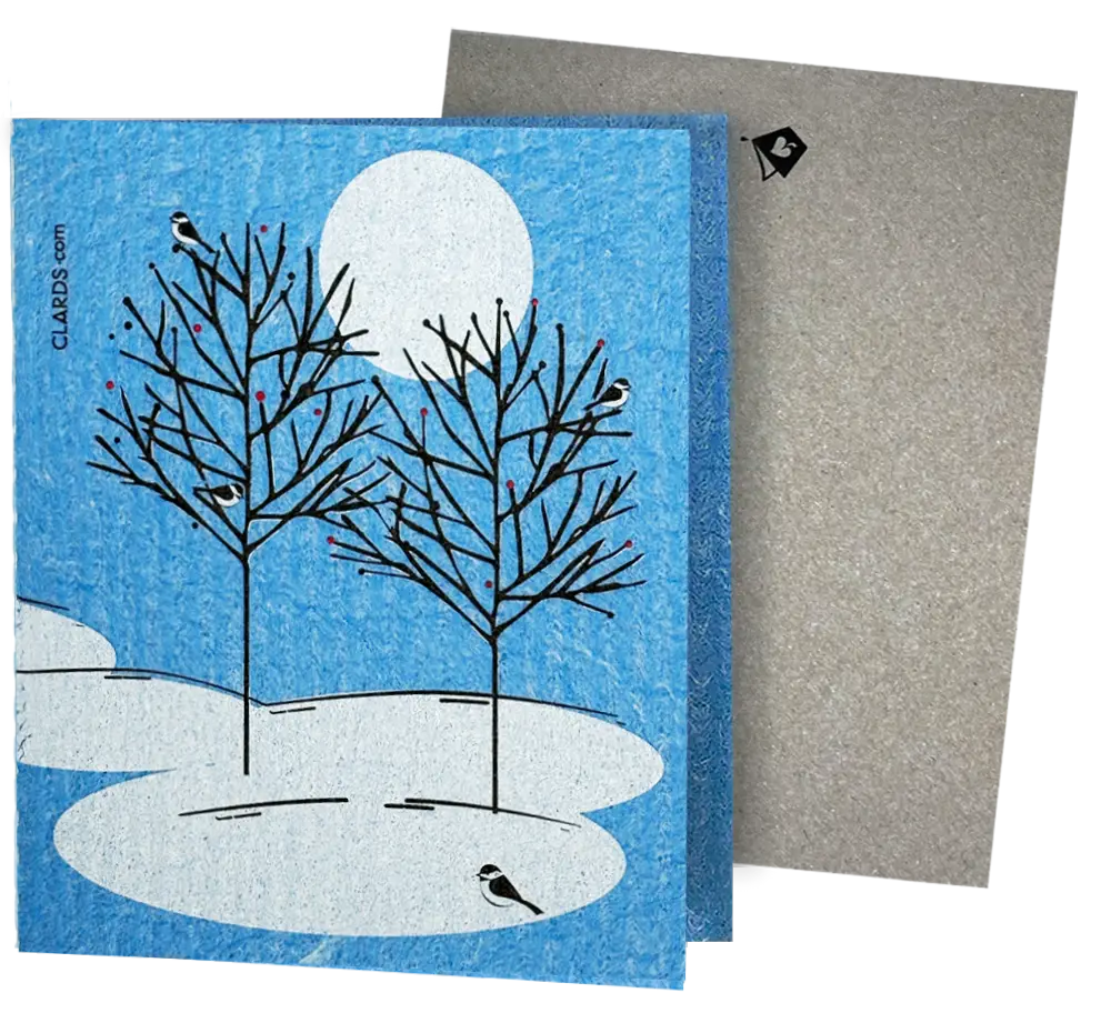 5 Chickadees Holiday Moon Greeting Card Turns Into a Swedish Sponge Cloth | Soak iT Up Clard