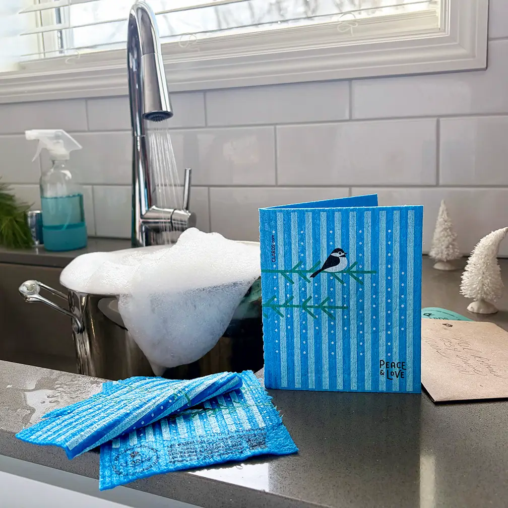 5 Chickadees Holiday Moon Greeting Card Turns Into a Swedish Sponge Cloth | Soak iT Up Clard - Image 2