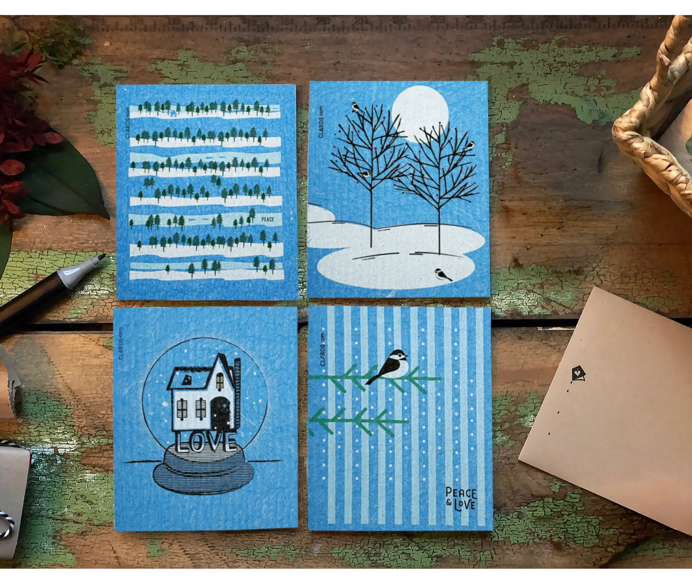 5 Chickadees Holiday Moon Greeting Card Turns Into a Swedish Sponge Cloth | Soak iT Up Clard - Image 3