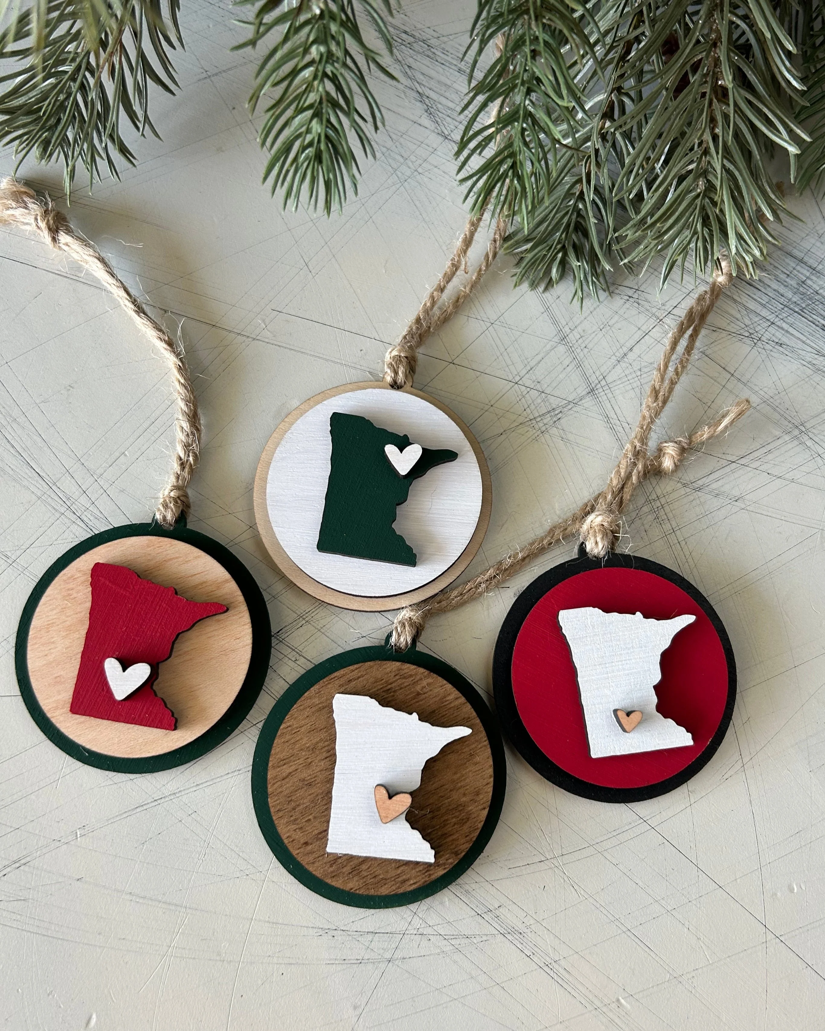 Handmade Minnesota round ornament with heart - customizable!