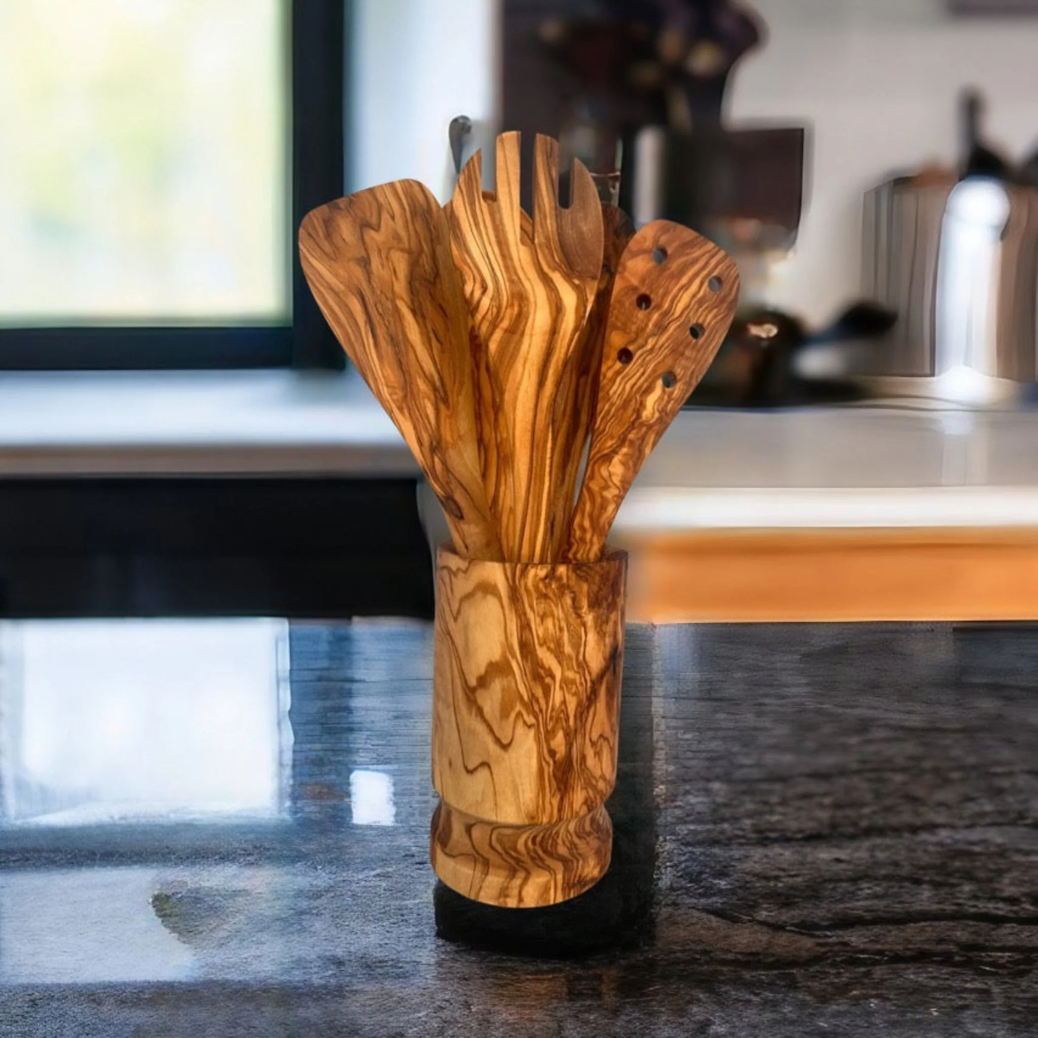 Olive Wood Kitchen Servers Set w/Holder -6 Pcs - Image 2