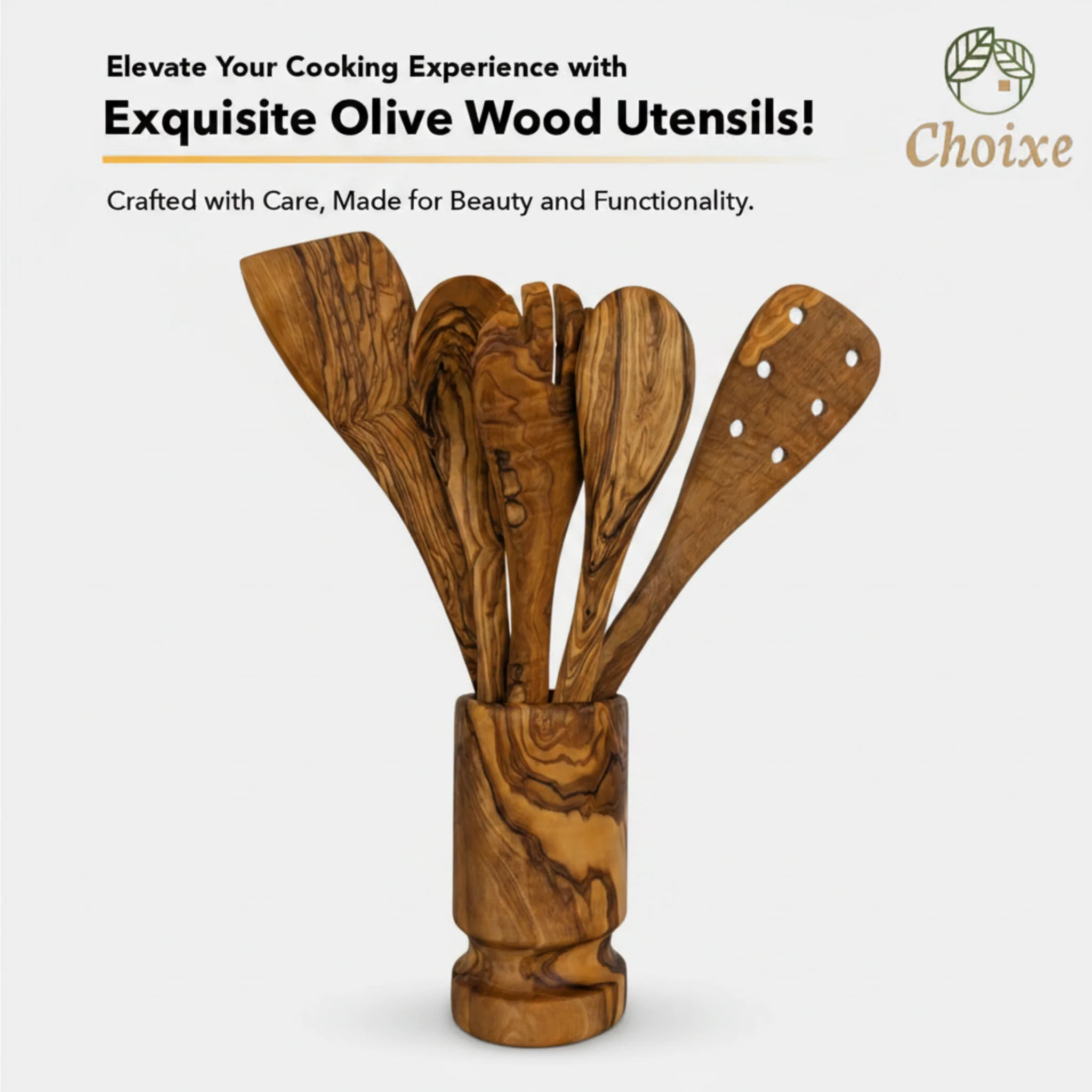 Olive Wood Kitchen Servers Set w/Holder -6 Pcs - Image 3
