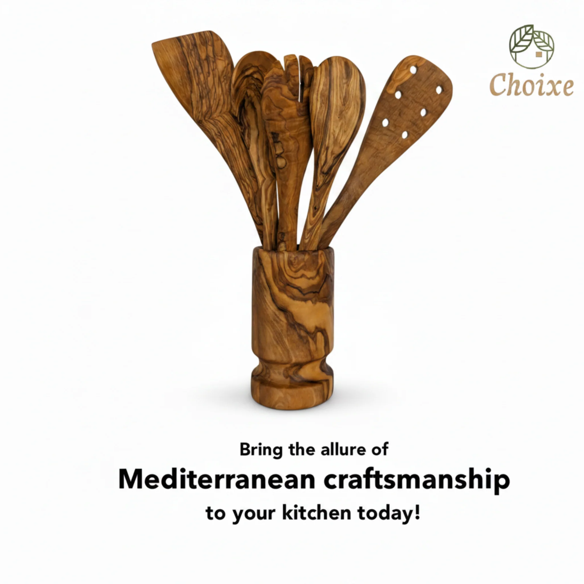 Olive Wood Kitchen Servers Set w/Holder -6 Pcs - Image 5