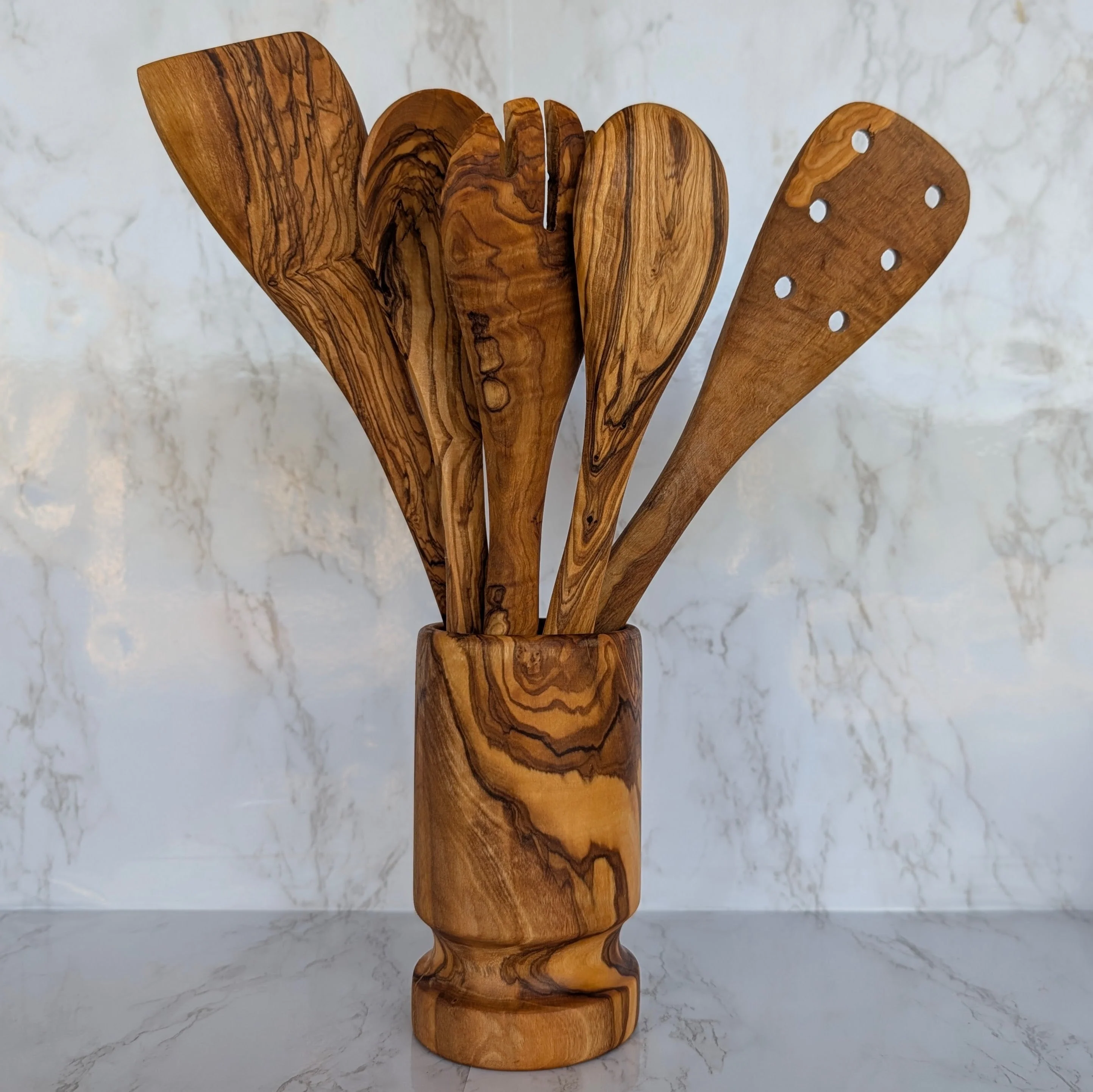 Olive Wood Kitchen Servers Set w/Holder -6 Pcs - Image 6