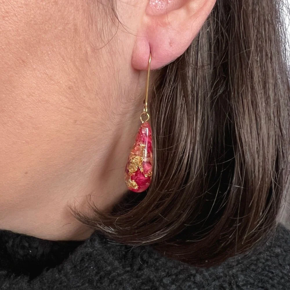 Resin Teardrop Earrings with Rose Petals - Image 2
