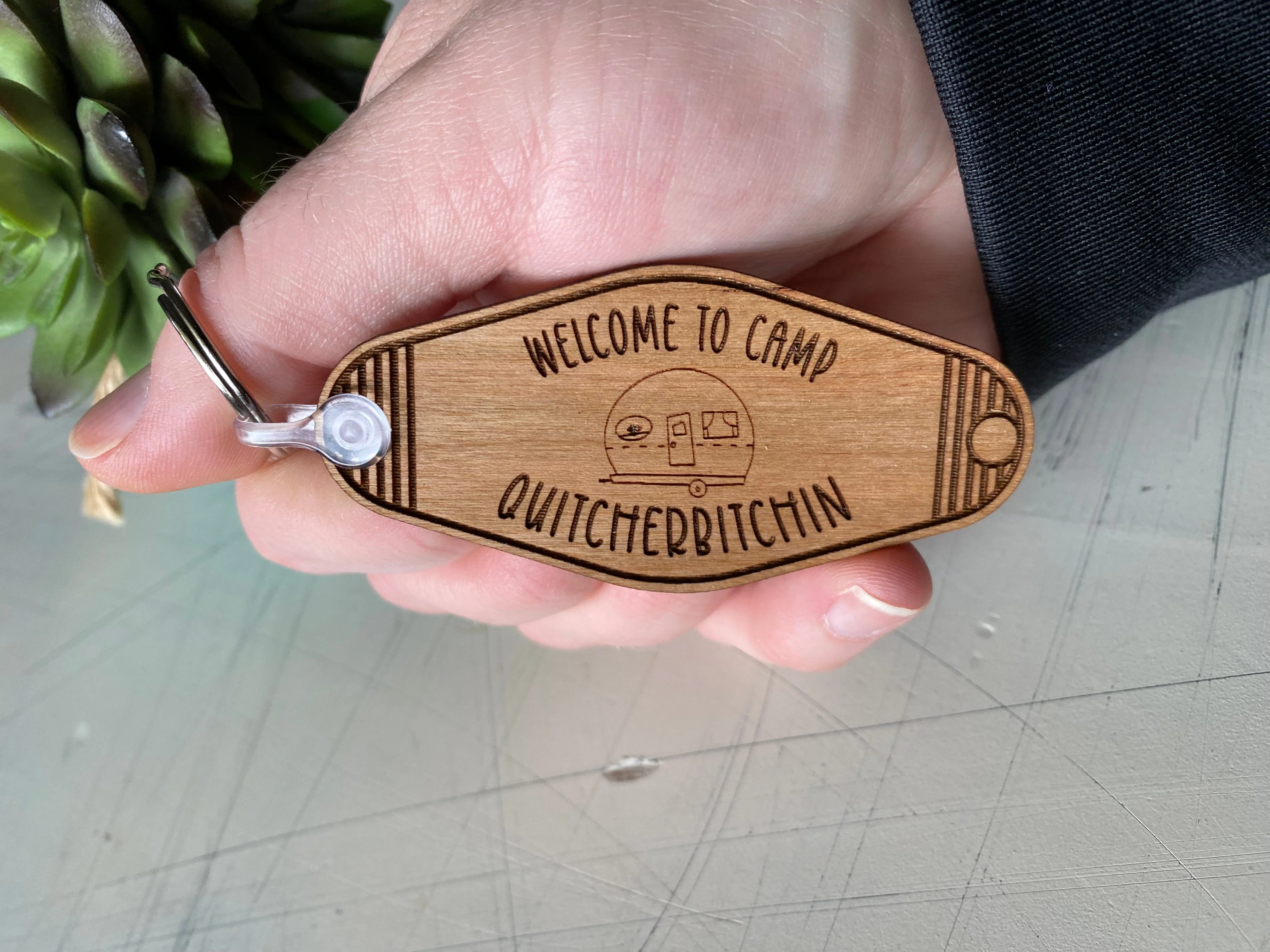 Welcome to Camp Quitcherbitchin - Wood Motel-style Keychain - Image 4
